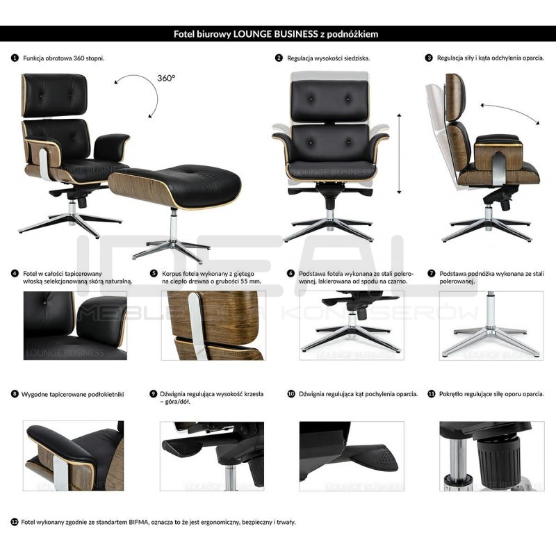 Fotel biurowy Bauhaus Lounge Business z podnóżkiem - sklejka orzech