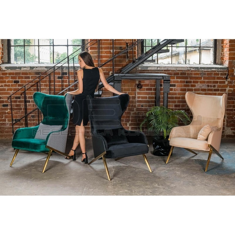 Fotel Uszak HAMPTON VELVET pepitka biało - czarna