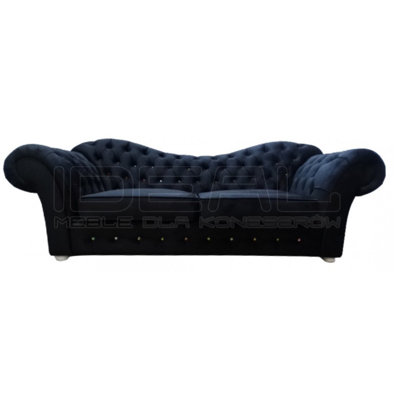 Sofa Chesterfield Madame Plus z f. spania 3 os. czarny plusz kryształki