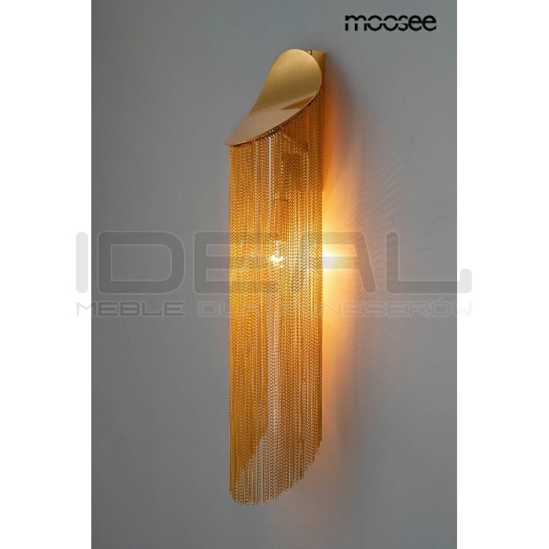 Kinkiet glamour Lambda złoty zwisające łańcuszki