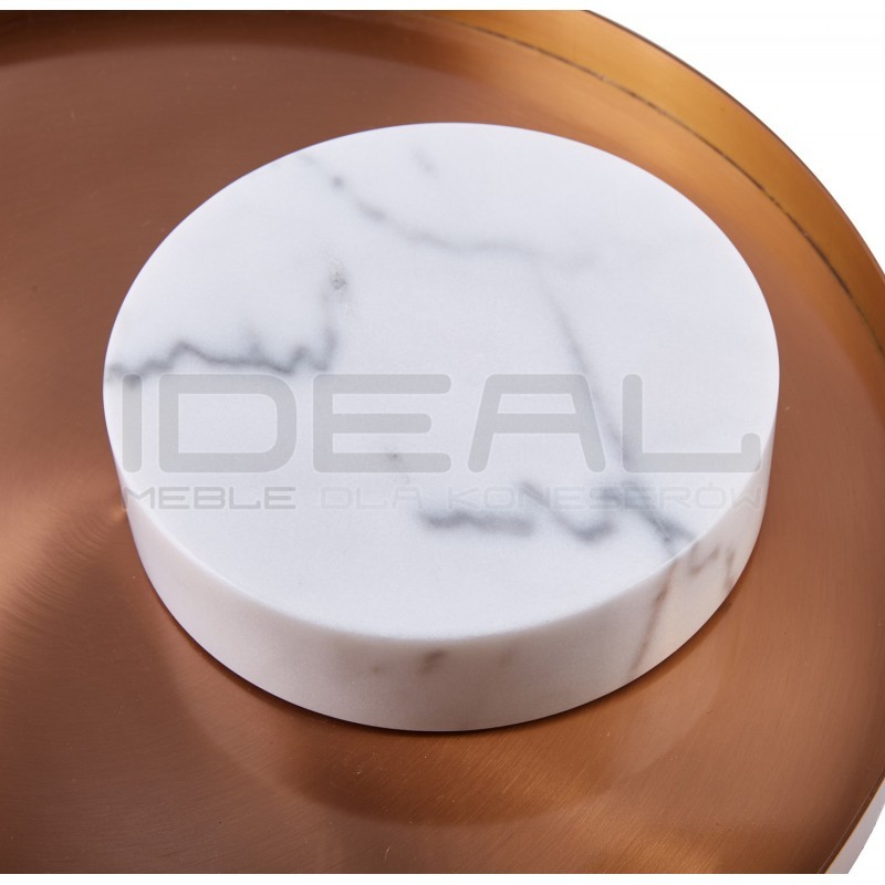 STOLIK KAWOWY COLUMN podstawa biały marmur miedziany blat taca