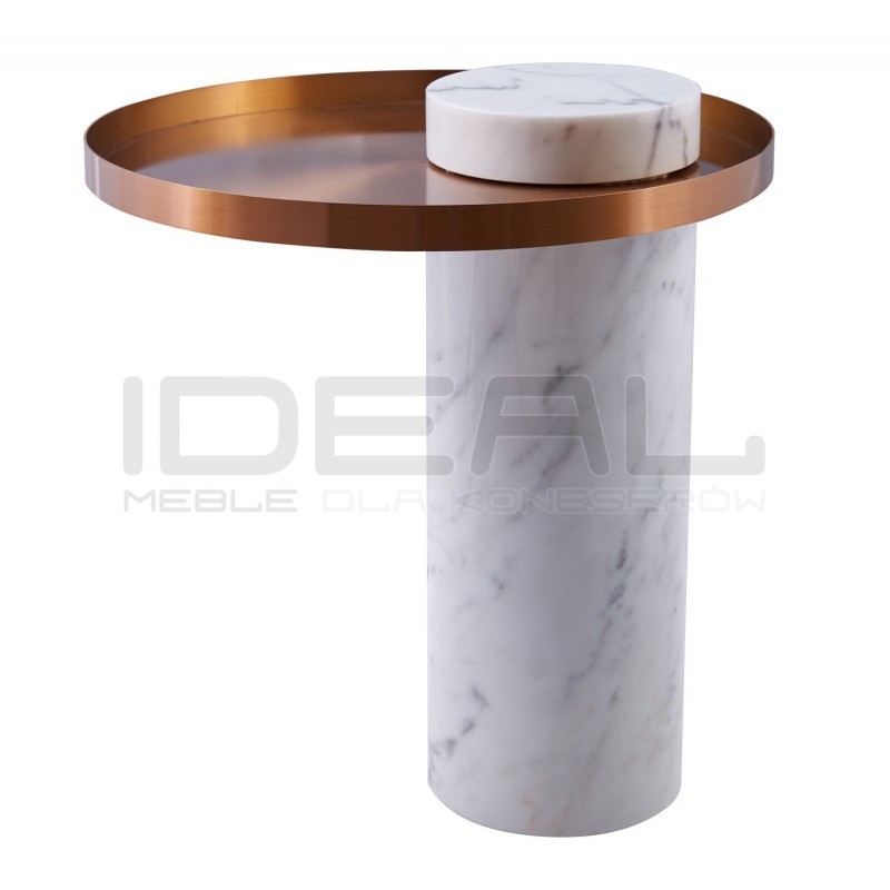 STOLIK KAWOWY COLUMN podstawa biały marmur miedziany blat taca