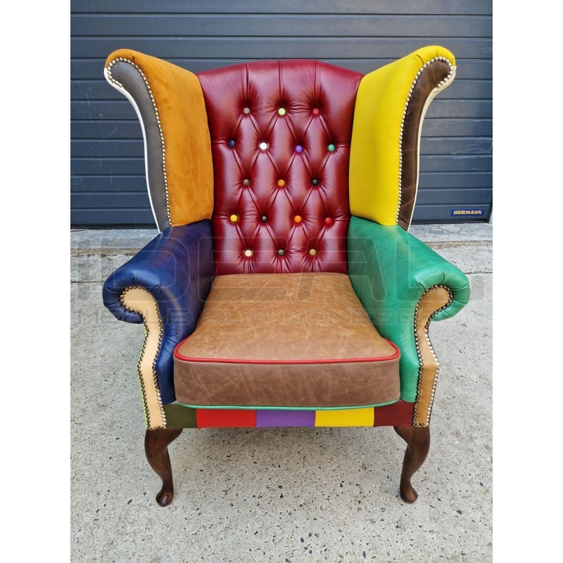 Fotel Chesterfield Uszak Lord kolorowy patchwork skóra