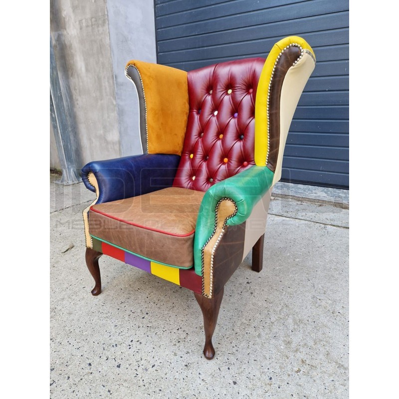 Fotel Chesterfield Uszak Lord kolorowy patchwork skóra