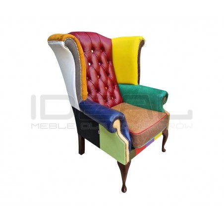Fotel Chesterfield Uszak Lord kolorowy patchwork skóra