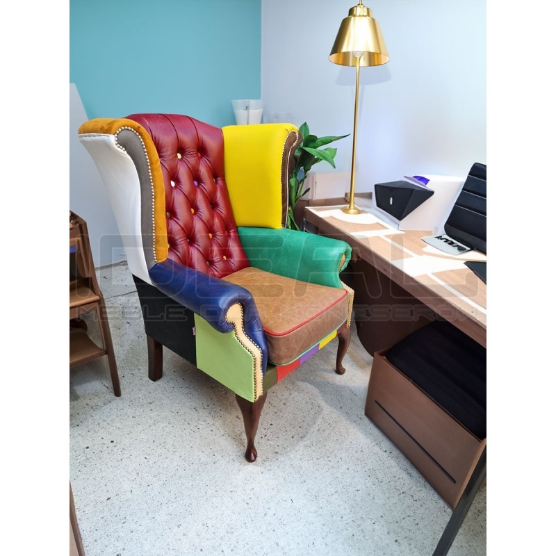 Fotel Chesterfield Uszak Lord kolorowy patchwork skóra