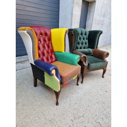 Fotel Chesterfield Uszak Lord kolorowy patchwork skóra