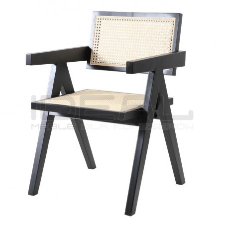 Drewniane KRZESŁO BOHO z podłokietnikami rattanowa plecionka czarne
