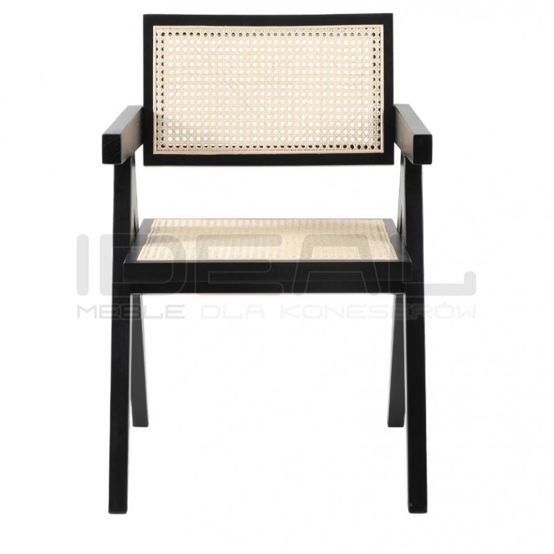 Drewniane KRZESŁO BOHO z podłokietnikami rattanowa plecionka czarne