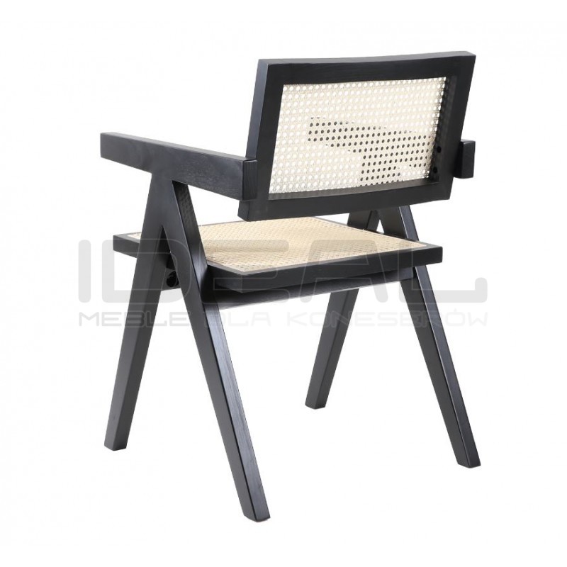 Drewniane KRZESŁO BOHO z podłokietnikami rattanowa plecionka czarne