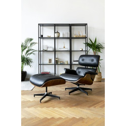 Fotel Lounge HM z podnóżkiem czarny skóra naturalna, sklejka orzech