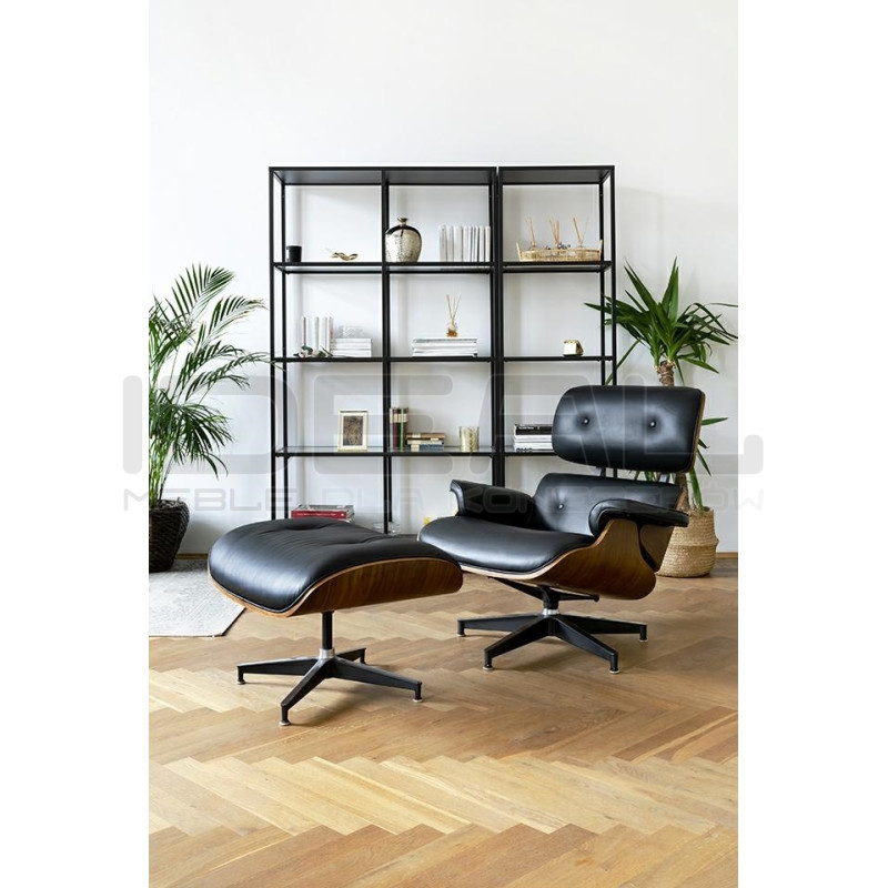 Fotel Lounge HM z podnóżkiem czarny skóra naturalna, sklejka orzech