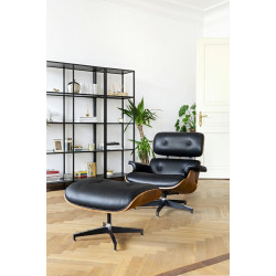 Fotel Lounge HM z podnóżkiem czarny skóra naturalna, sklejka orzech