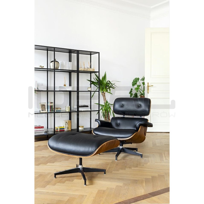 Fotel Lounge HM z podnóżkiem czarny skóra naturalna, sklejka orzech