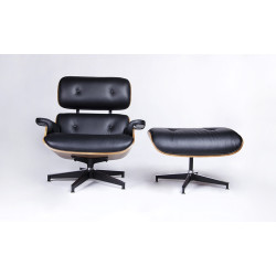 Fotel Lounge HM z podnóżkiem czarny skóra naturalna, sklejka orzech