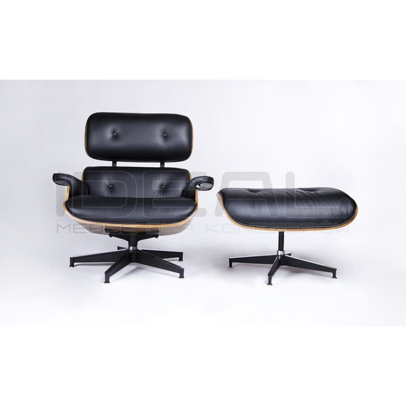 Fotel Lounge HM z podnóżkiem czarny skóra naturalna, sklejka orzech