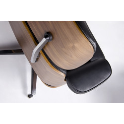 Fotel Lounge HM z podnóżkiem czarny skóra naturalna, sklejka orzech