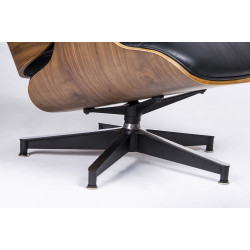 Fotel Lounge HM z podnóżkiem czarny skóra naturalna, sklejka orzech