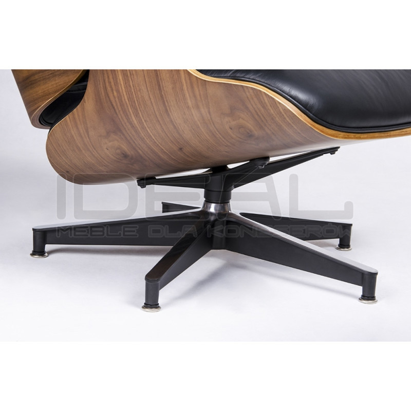 Fotel Lounge HM z podnóżkiem czarny skóra naturalna, sklejka orzech