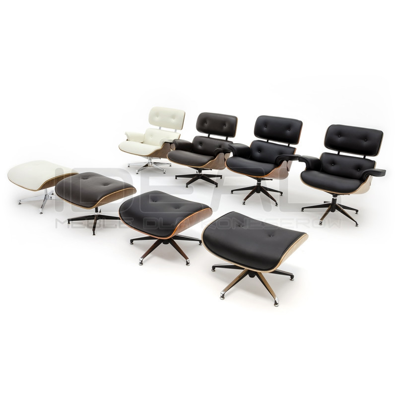 Fotel Lounge HM z podnóżkiem czarny skóra naturalna, sklejka orzech