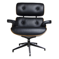 Fotel Lounge z podnóżkiem czarny skóra naturalna, sklejka orzech