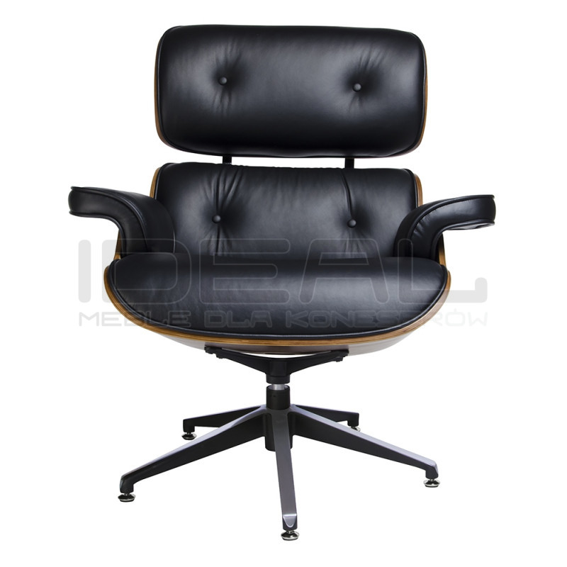 Fotel Lounge z podnóżkiem czarny skóra naturalna, sklejka orzech