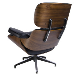 Fotel Lounge z podnóżkiem czarny skóra naturalna, sklejka orzech