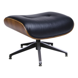 Fotel Lounge z podnóżkiem czarny skóra naturalna, sklejka orzech