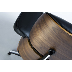 Fotel Lounge z podnóżkiem czarny skóra naturalna, sklejka orzech