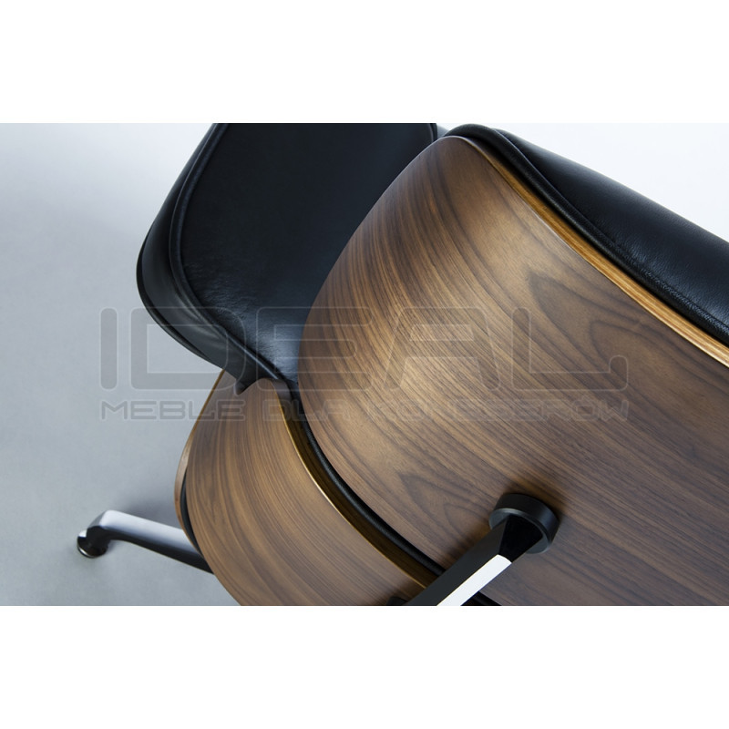 Fotel Lounge z podnóżkiem czarny skóra naturalna, sklejka orzech