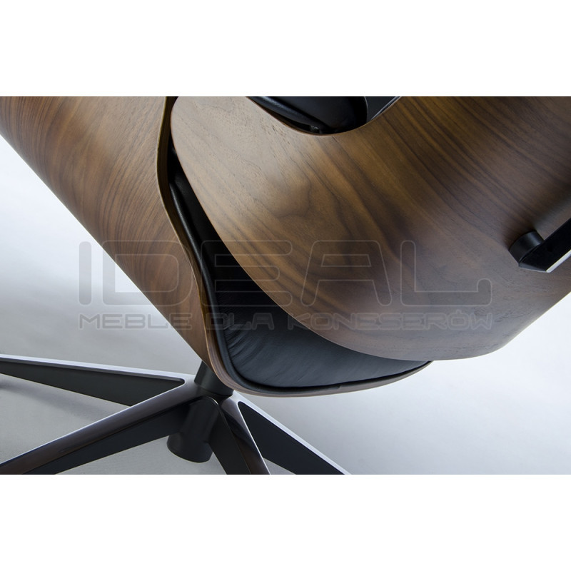 Fotel Lounge z podnóżkiem czarny skóra naturalna, sklejka orzech