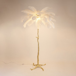 Lampa stojąca EMU złota z białymi piórami – elegancja i luksus