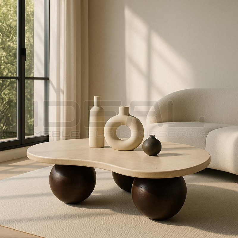 Stolik kawowy ORGANIC – trawertyn i drewno mango |IdealMeble