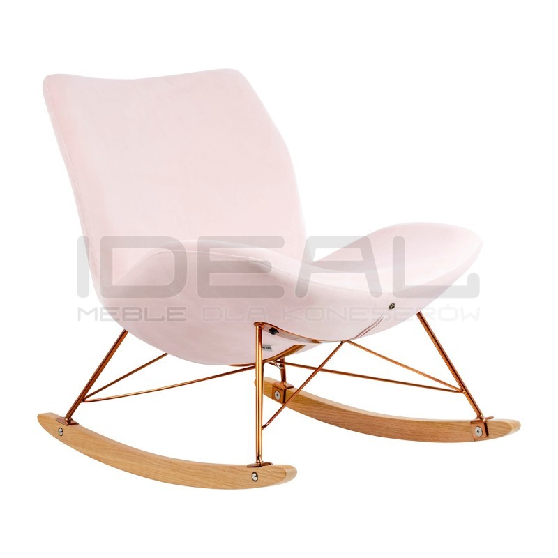 Fotel Bujany Swing velvet jasny róż na miedzianej podstawie