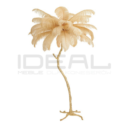 Lampa z piór EMU złota – lampa podłogowa z beżowym kloszem