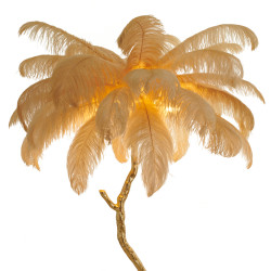 Lampa z piór EMU złota – lampa podłogowa z beżowym kloszem