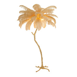 Lampa z piór EMU złota – lampa podłogowa z beżowym kloszem