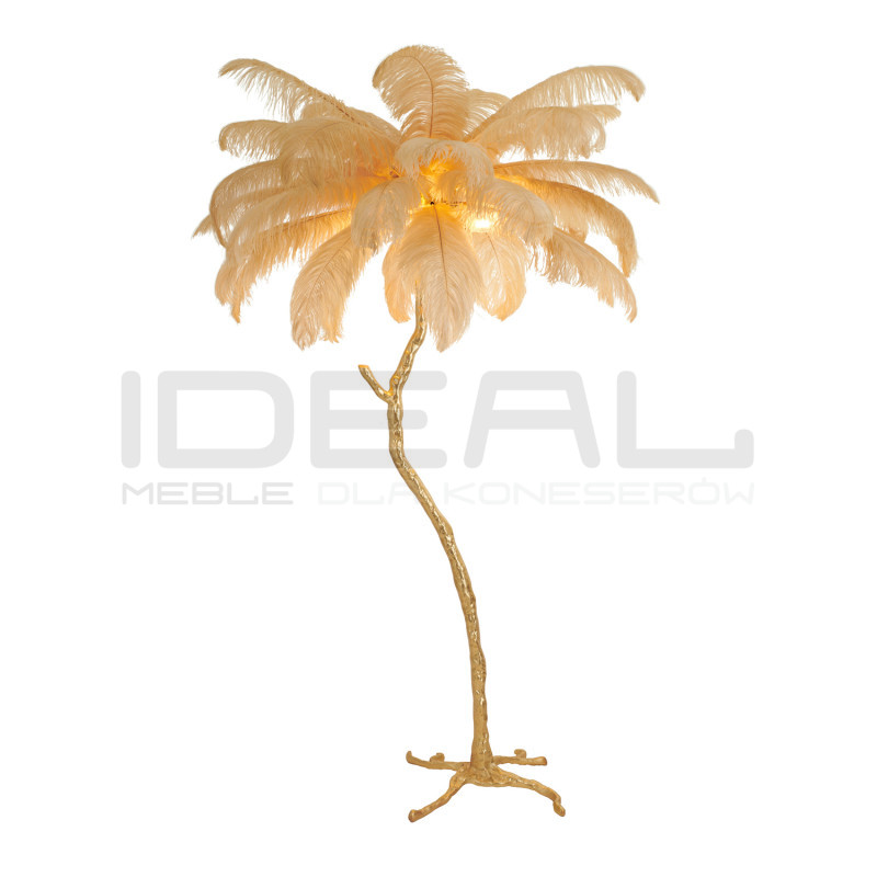 Lampa z piór EMU złota – lampa podłogowa z beżowym kloszem