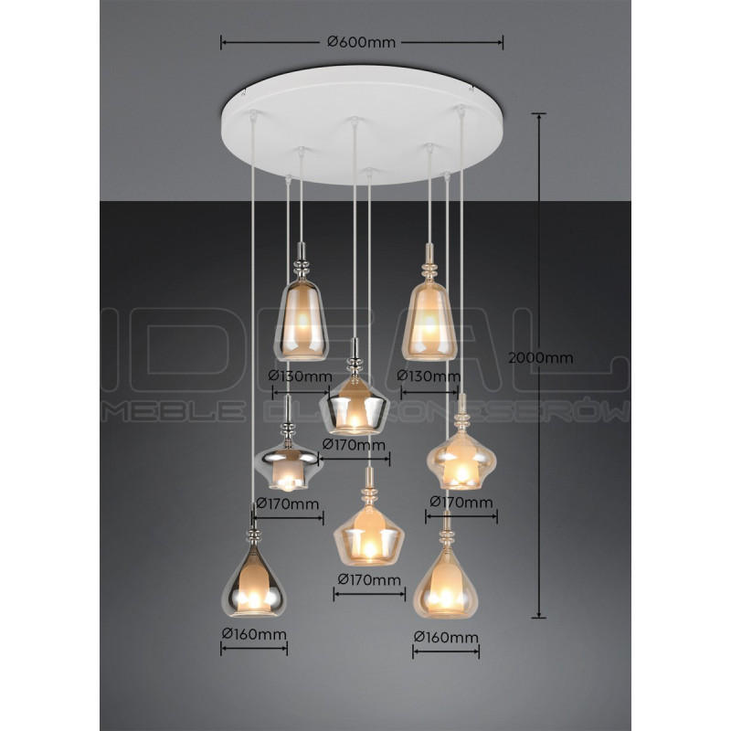 Lampa wisząca Marinet 8 – duża lampa szklana chrom i bursztyn