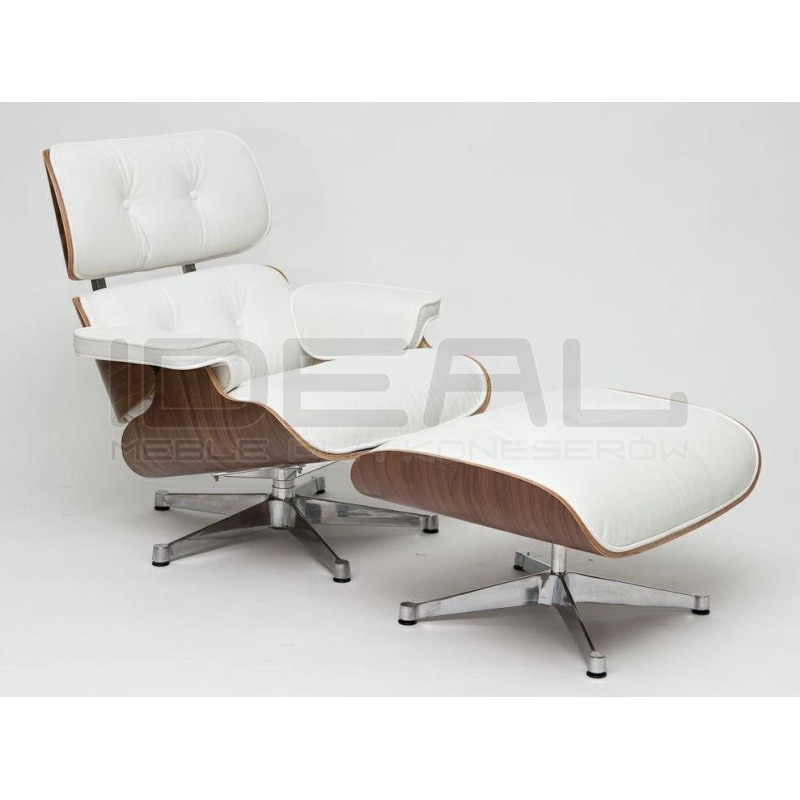 Fotel z podnóżkiem Lounge biały – skóra naturalna| IdealMeble