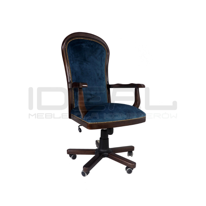 Fotel biurowy w tkaninie Warwick – retro fotel z drewnianym stelażem