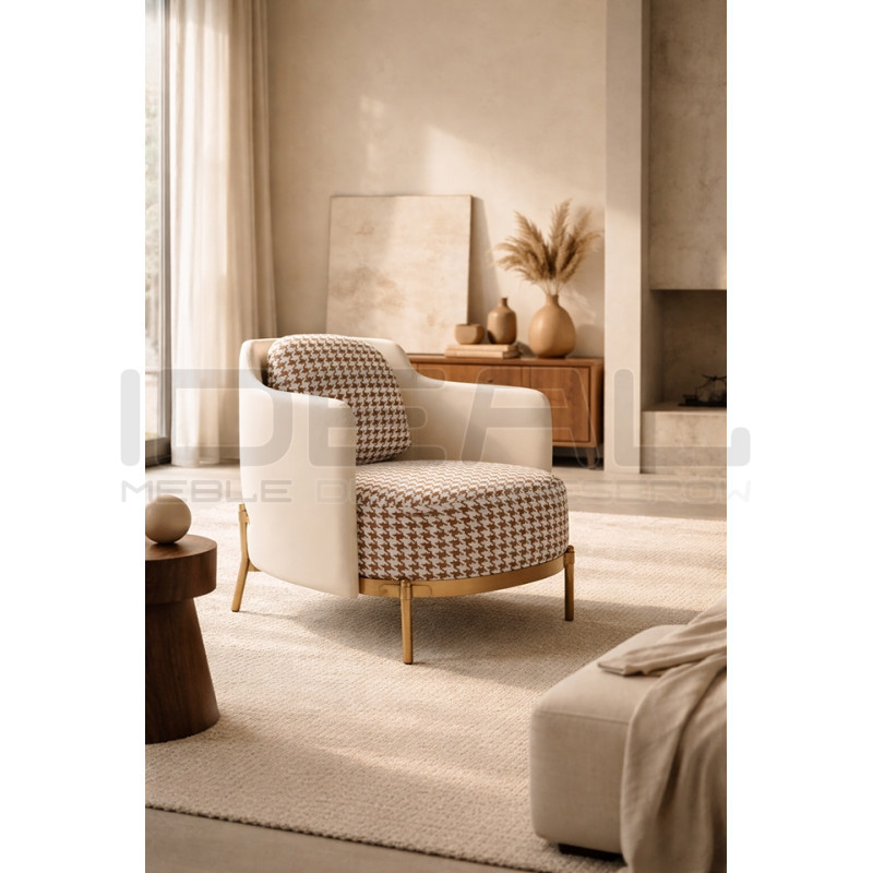 Fotel VENICE beżowy Pepitka biało brązowa | IdealMeble