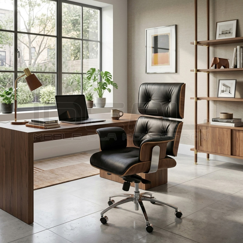 Fotel Lounge Chair do biura - czarny, fornir orzech | IdealMeble.pl