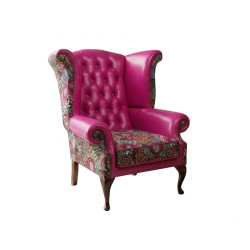 Fotel Uszak Chesterfield Lord Regent | Skóra naturalna i żakard |