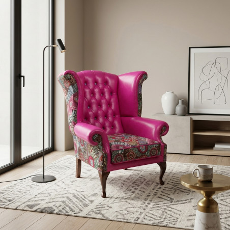 Fotel Uszak Chesterfield Lord Regent | Skóra naturalna i żakard |