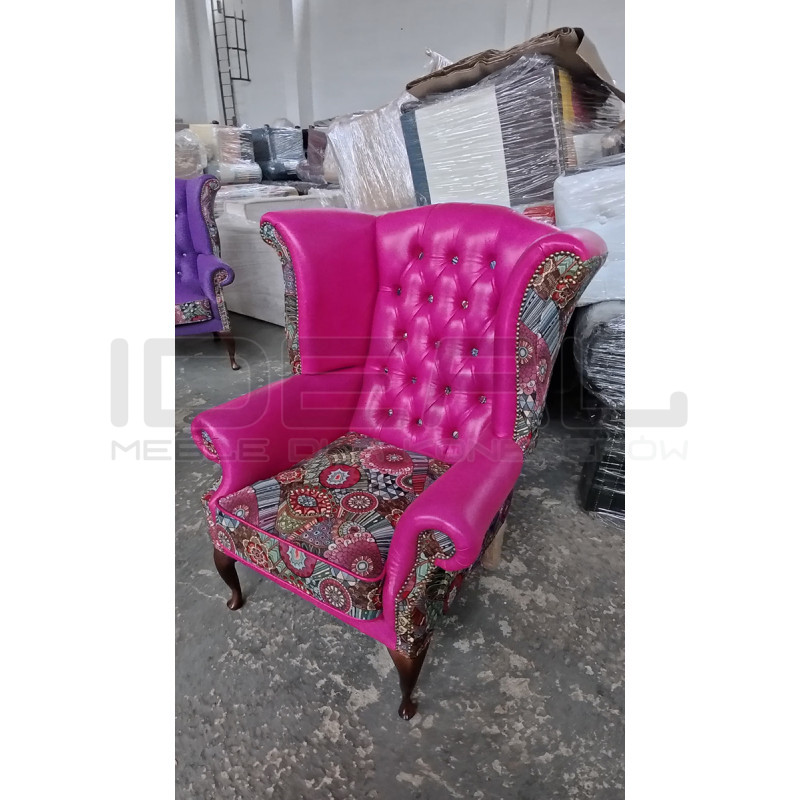 Fotel Uszak Chesterfield Lord Regent | Skóra naturalna i żakard |
