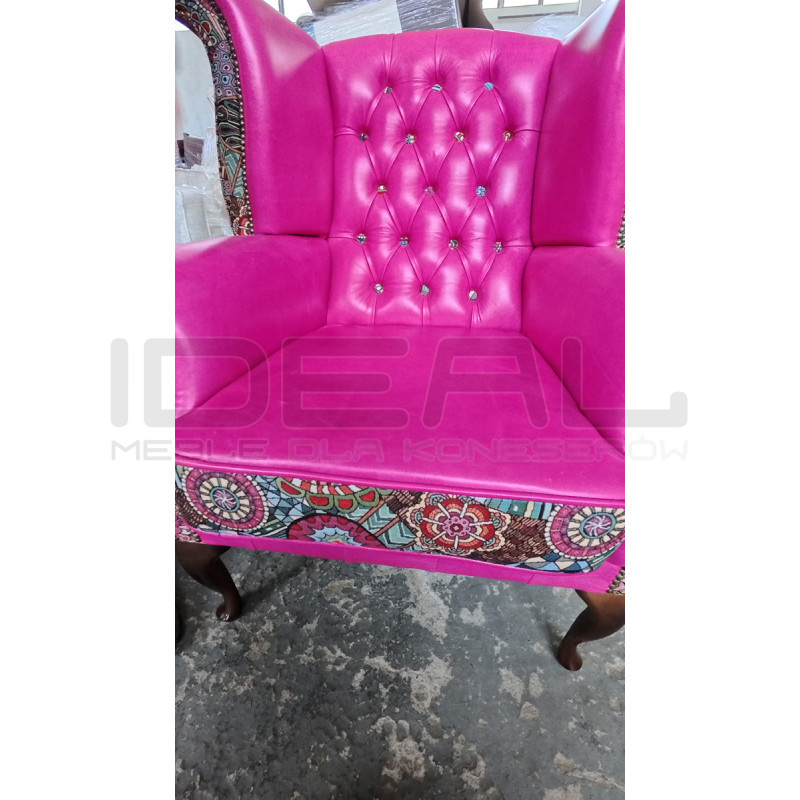 Fotel Uszak Chesterfield Lord Regent | Skóra naturalna i żakard |