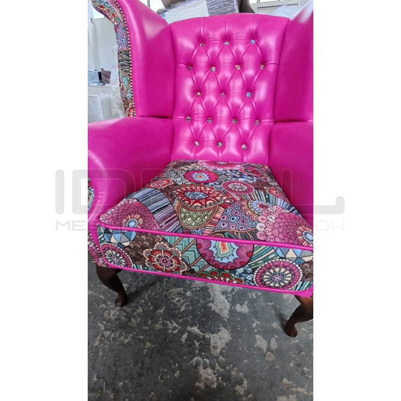 Fotel Uszak Chesterfield Lord Regent | Skóra naturalna i żakard |