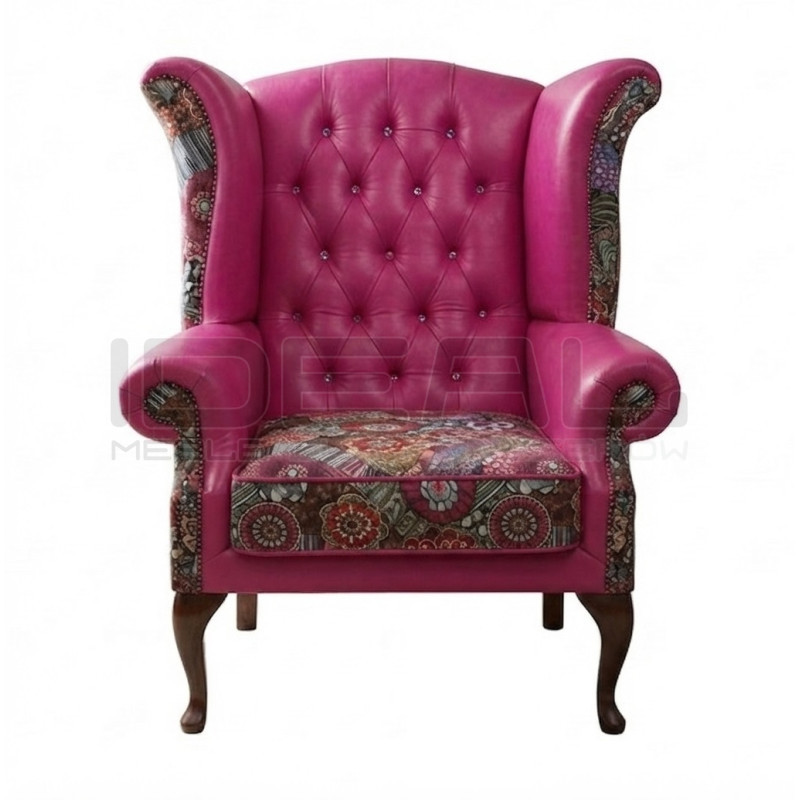Fotel Uszak Chesterfield Lord Regent | Skóra naturalna i żakard |