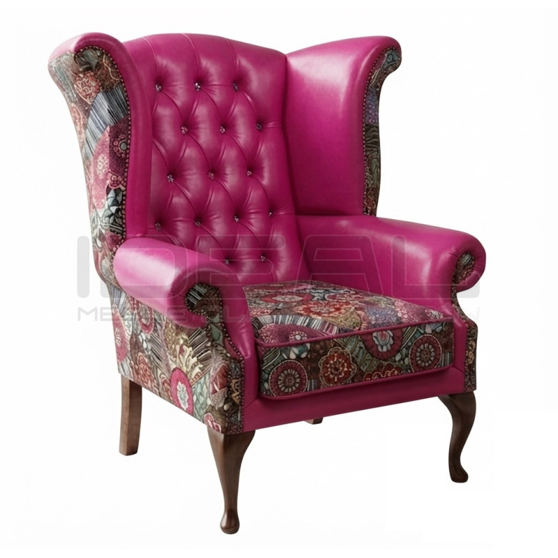 Fotel Uszak Chesterfield Lord Regent | Skóra naturalna i żakard |